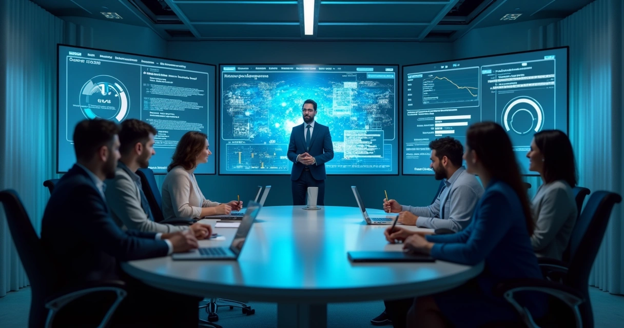 Equipe de contabilidade interagindo com IA em ambiente corporativo digital 