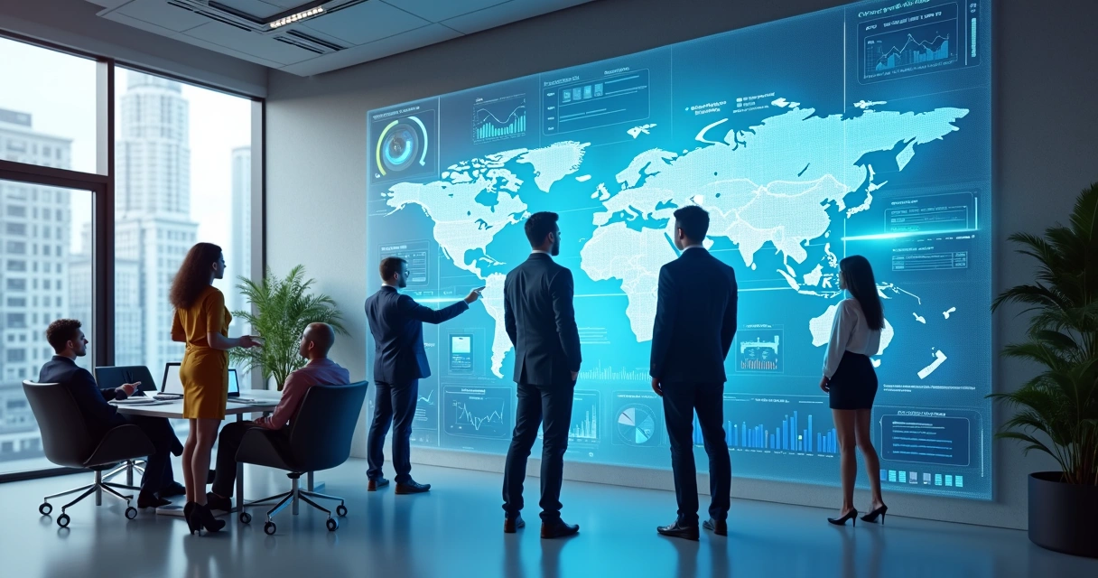 Equipe observa telas digitais mostrando dados e gráficos de transformação digital em ambiente corporativo