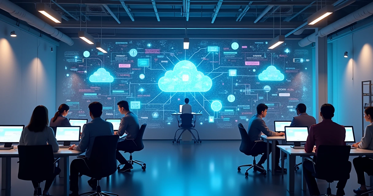 Ilustração de empresa moderna conectando várias plataformas digitais. 