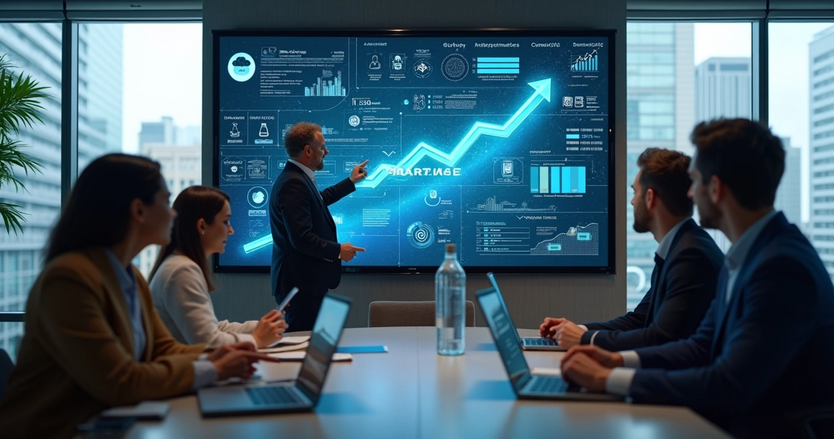 Equipe analisando painel digital com dados e automação em escritório moderno 