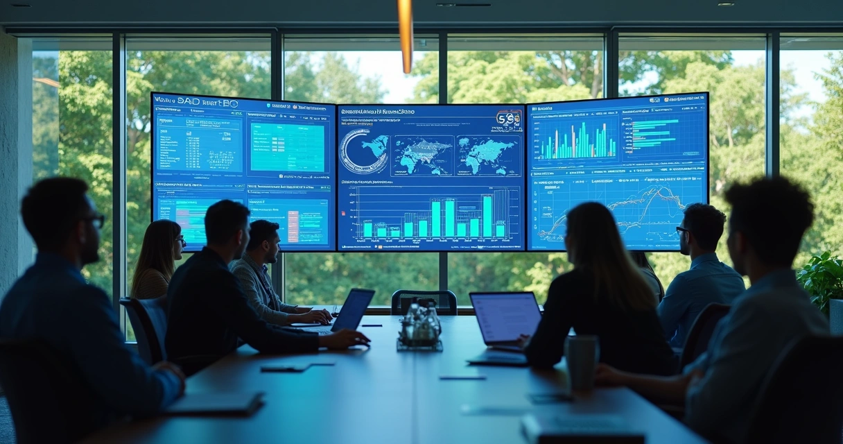 Equipe de tecnologia reunida em sala digital analisando painéis de IA 