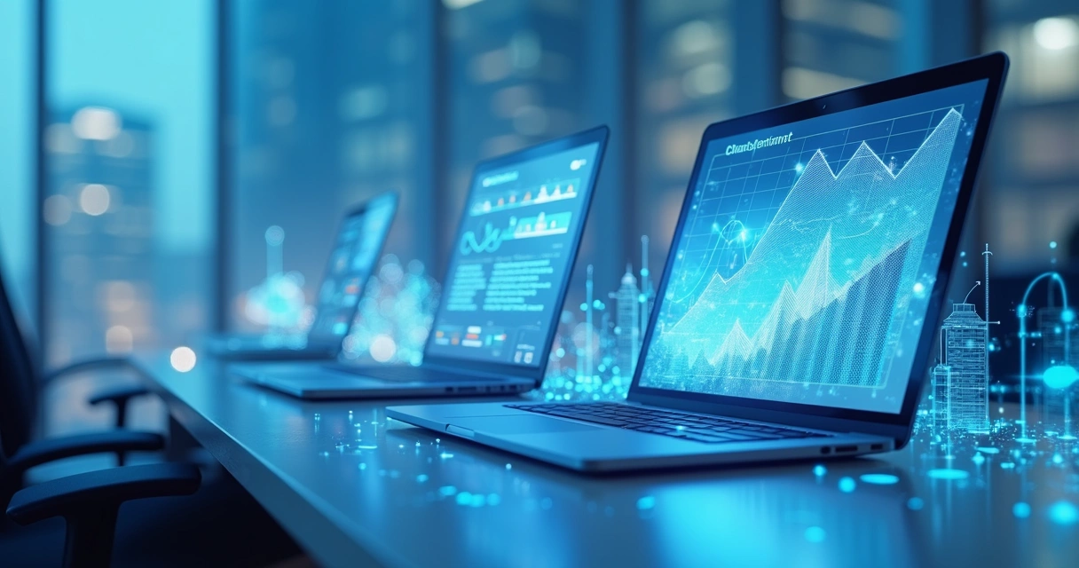 Transformação digital representada por gráficos e equipamentos modernos