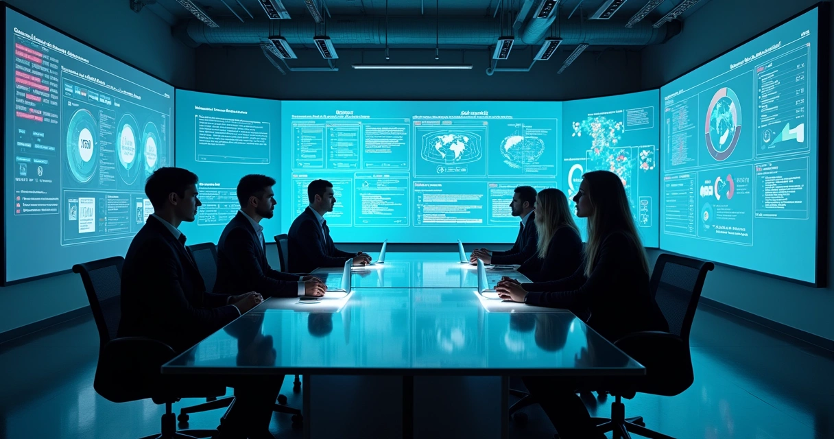 Colaboradores e IA trabalhando juntos em um ambiente digital corporativo 
