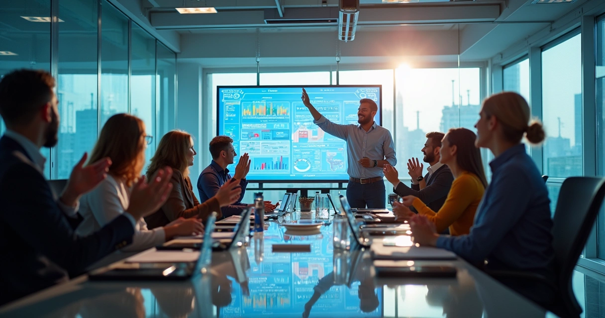 Equipe empresarial comemorando resultados usando IA em sala moderna 