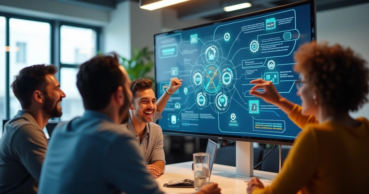 Equipe celebrando a transformação digital com automações e integração de sistemas na tela. 