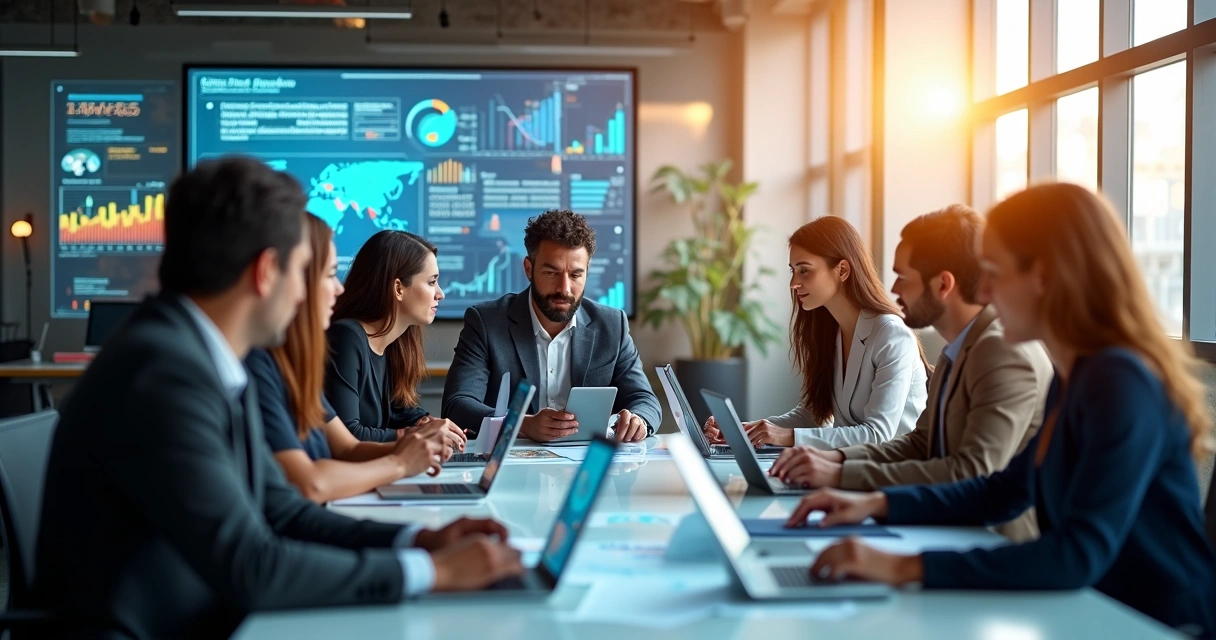 Equipe colaborativa discutindo ideias em uma sala moderna com telas digitais ao fundo 