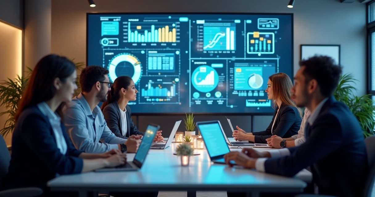 Equipe de escritório contábil se reunindo em frente a telas digitais 