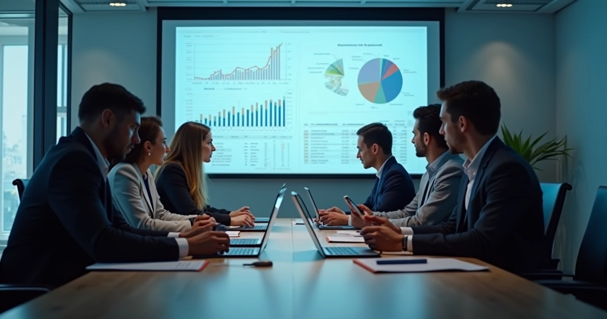 Equipe reunida em sala de reunião usando computadores modernos e tablets, gráficos digitais no telão 