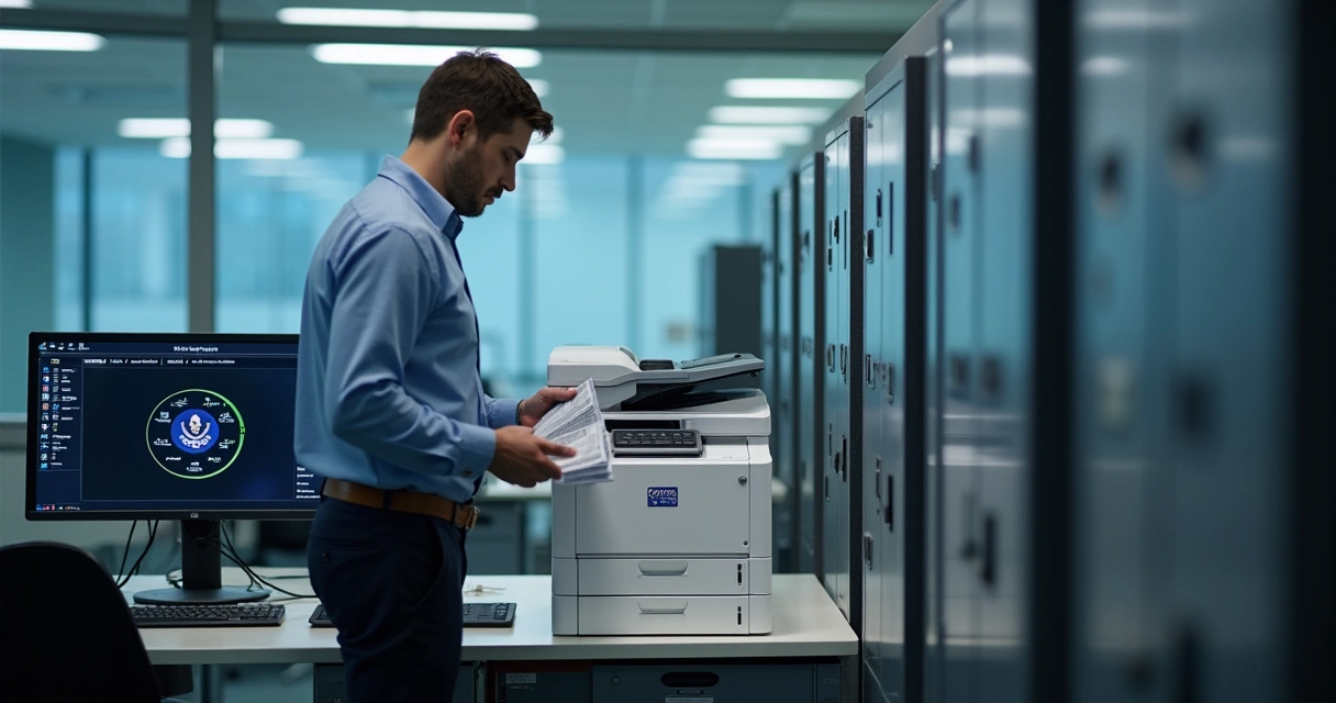 Pessoa digitalizando documentos antigos em escritório público com computadores 