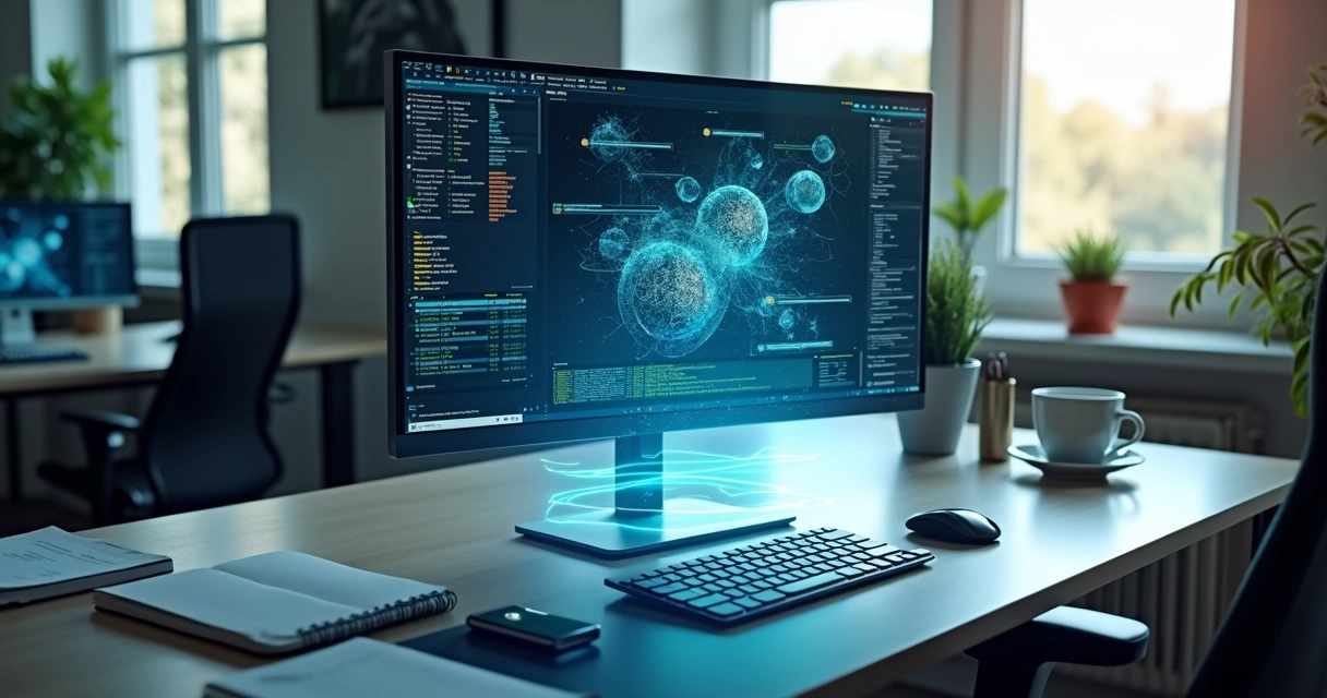 Computador moderno com hologramas digitais de gráficos, IA generativa e automação ao redor 