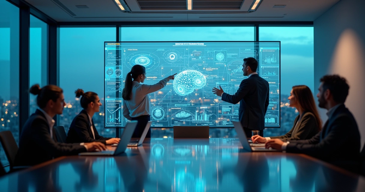 Executivos analisando painel digital com dados e ícones de inteligência artificial 