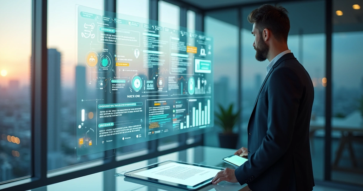 Gestor imobiliário analisando painel digital com contratos eletrônicos e fluxos de venda 