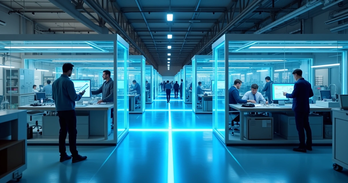 Linha digital conectando setores da fábrica em ambiente claro e moderno 