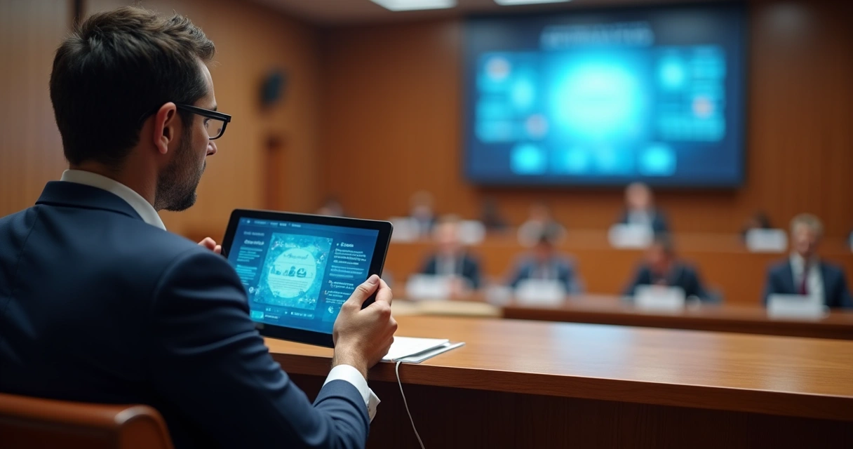 Vereador usando tablet para acessar leis em plenário moderno 