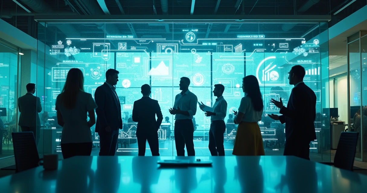 Transformação digital em escritório moderno com painel interativo 