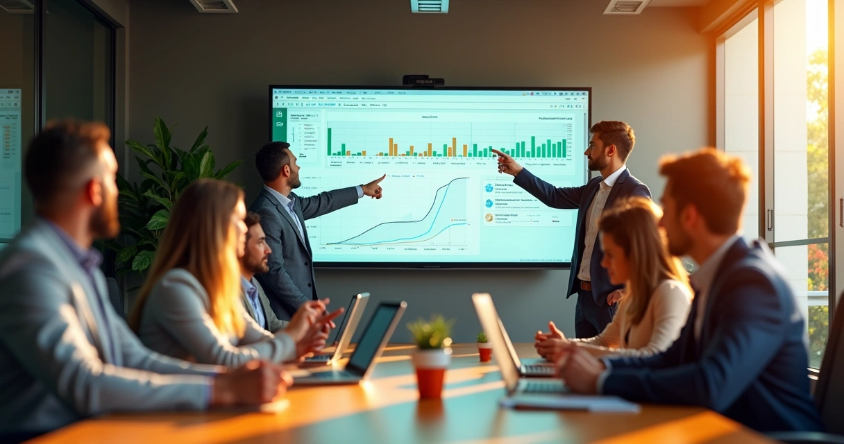 Equipe em sala corporativa implementando novas tecnologias de gestão 