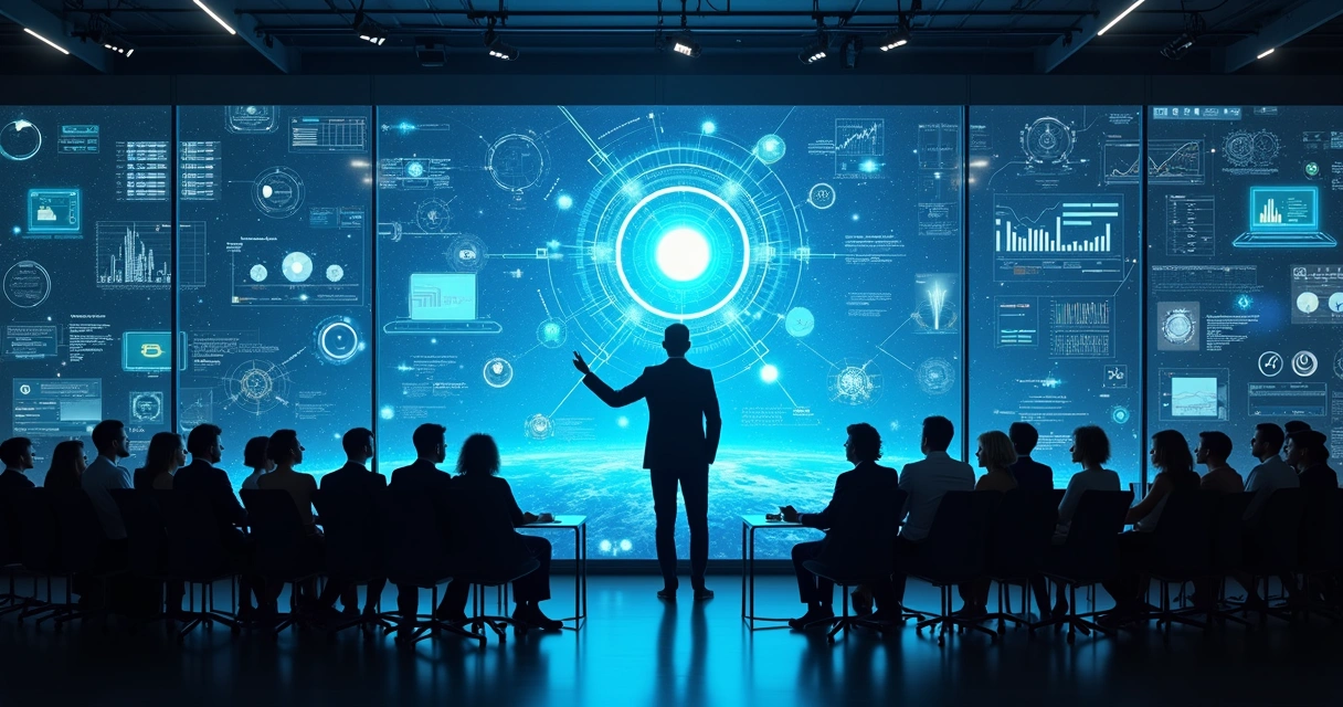 Empresários analisando painel digital com integrações de IA e nuvem 