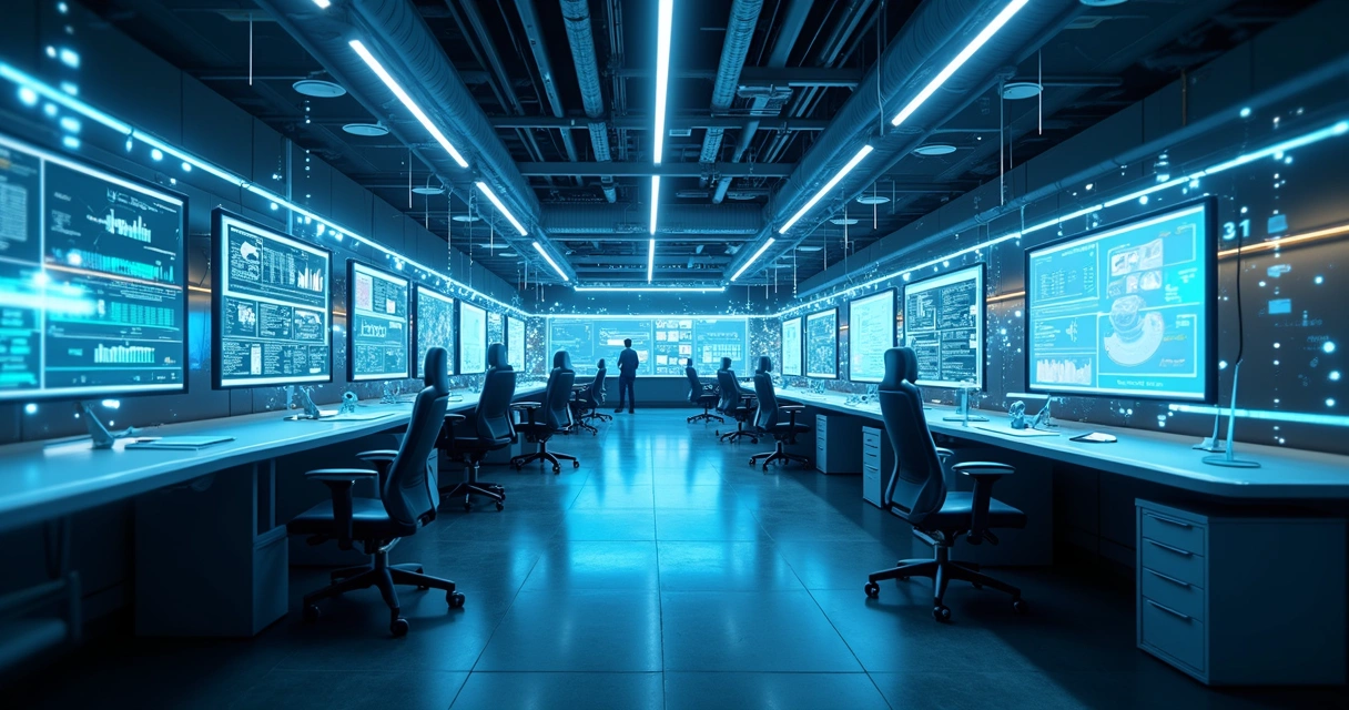 Fluxo digital conectado entre diferentes áreas de empresa em cena futurista. 