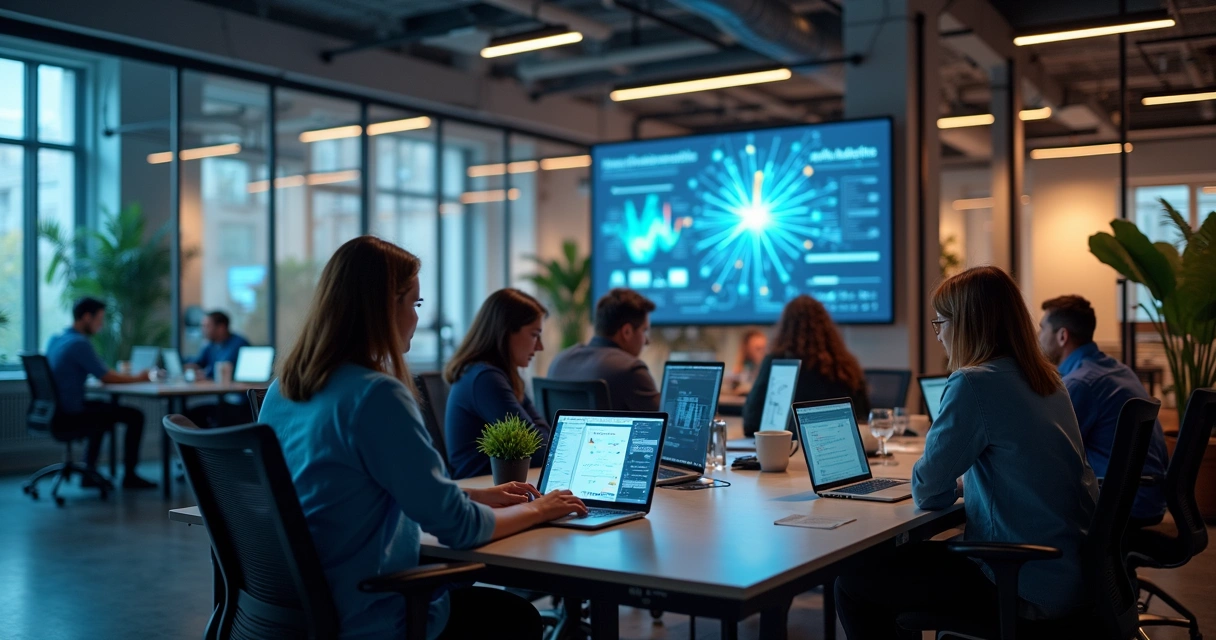 Equipe de agência digital implementando transformação digital para cliente corporativo