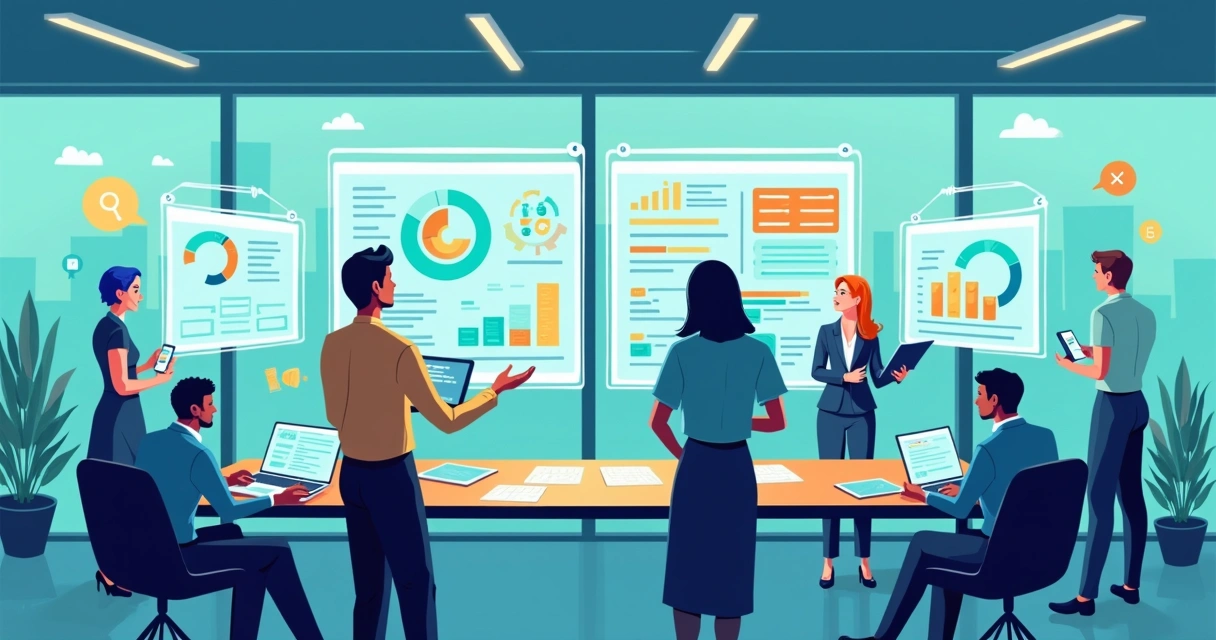 Ilustração de equipe de gestão pública analisando dados em telas digitais 