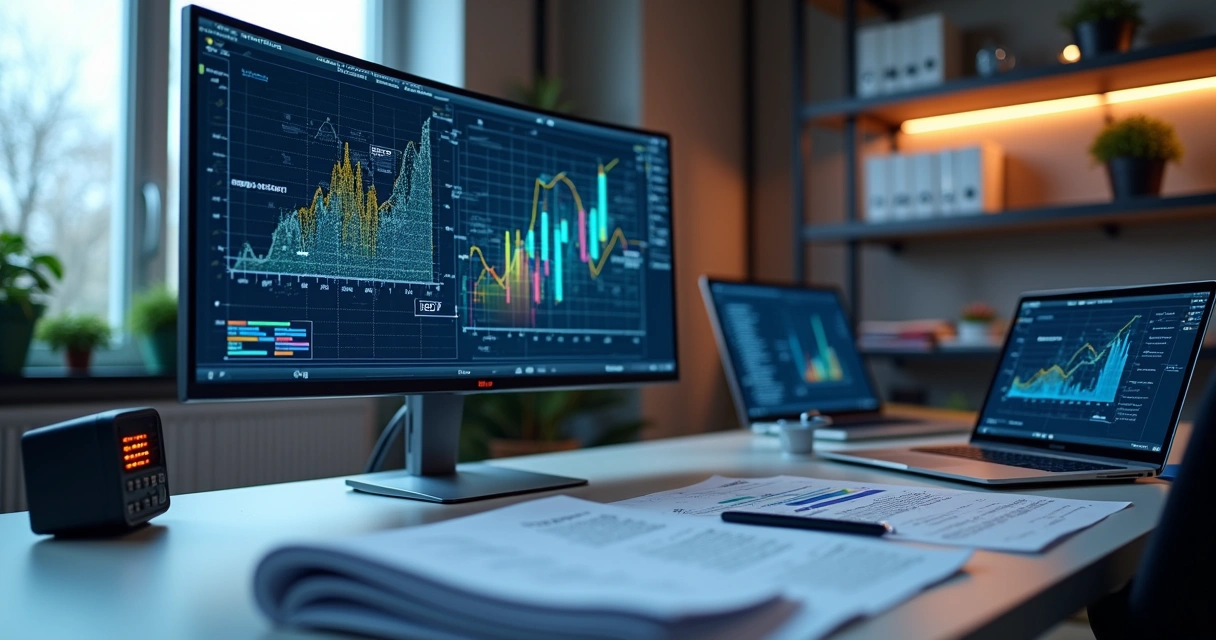 Mesa de trabalho com múltiplos dispositivos digitais, documentos digitalizados, e gráficos em tela de computador mostrando segurança cibernética e processos digitais no setor público 
