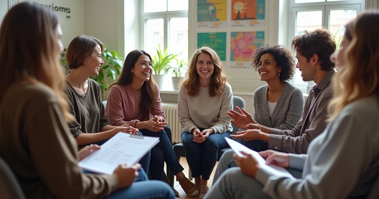 Participantes de projeto social em círculo sorrindo e conversando 