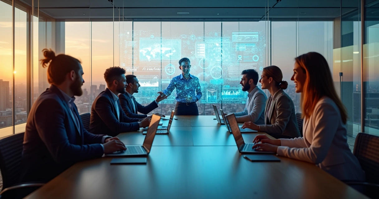 Equipe diversa em sala de reunião moderna com hologramas de inteligência artificial ao fundo 