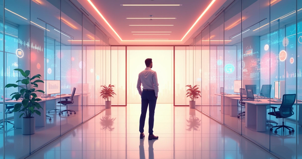 Empresário diante de fluxos digitais de inteligência artificial e dados iluminando o escritório