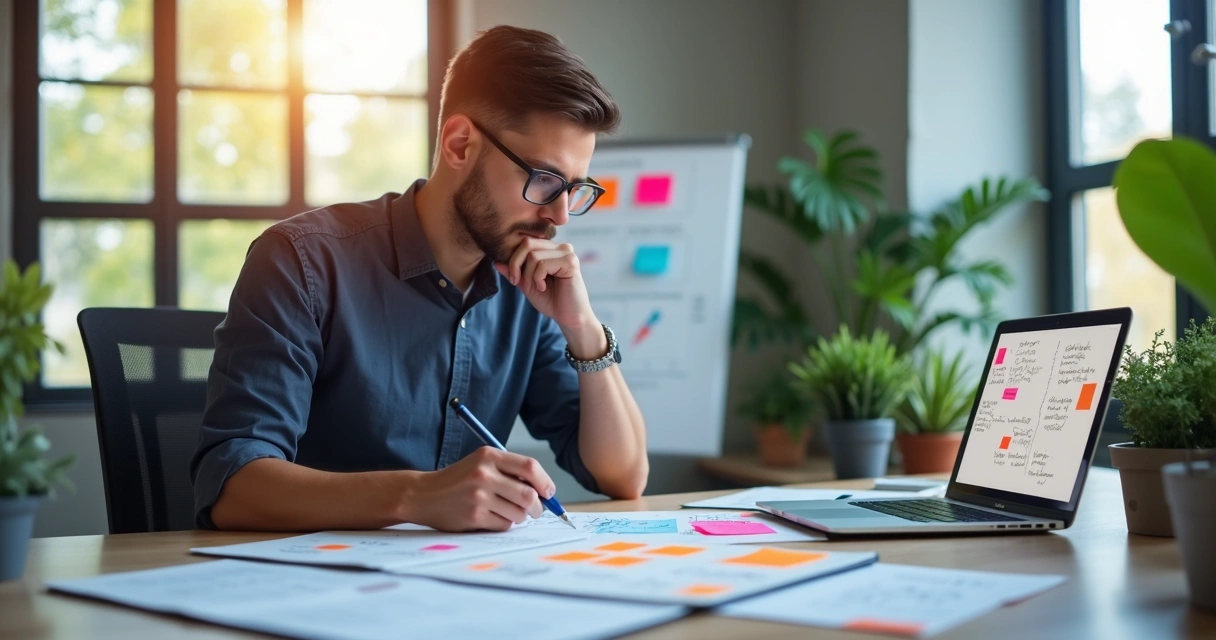 Pessoa analisando anotações de feedback em ambiente moderno de trabalho 