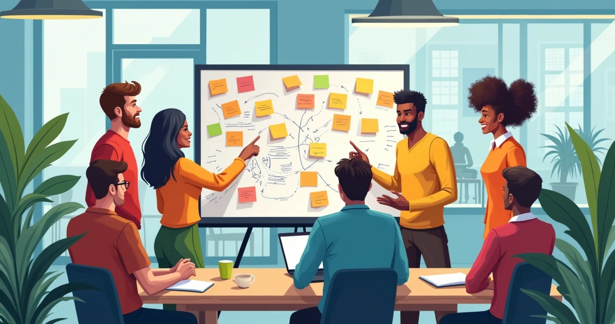 Time diverso em brainstorming com lousa digital 
