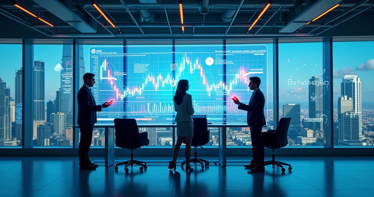 Profissionais de finanças analisando gráficos digitais em telas transparentes