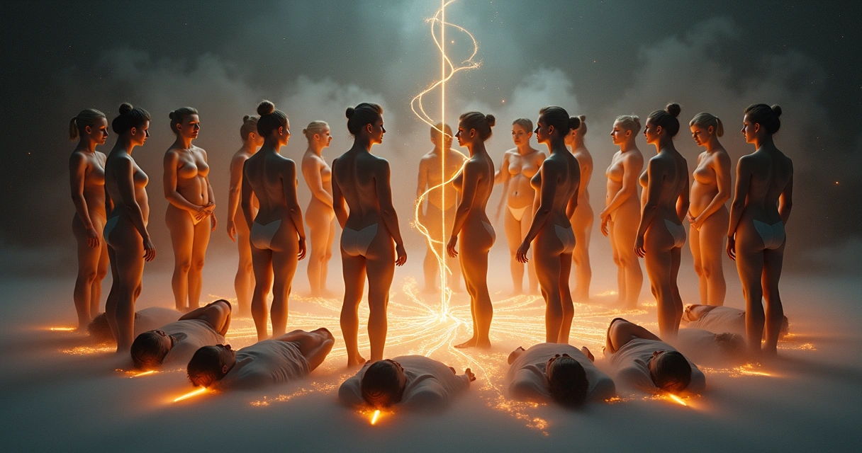 Diversas pessoas deitados e em pé, com olhares introspectivos e traços de luz conectando seus corpos. 