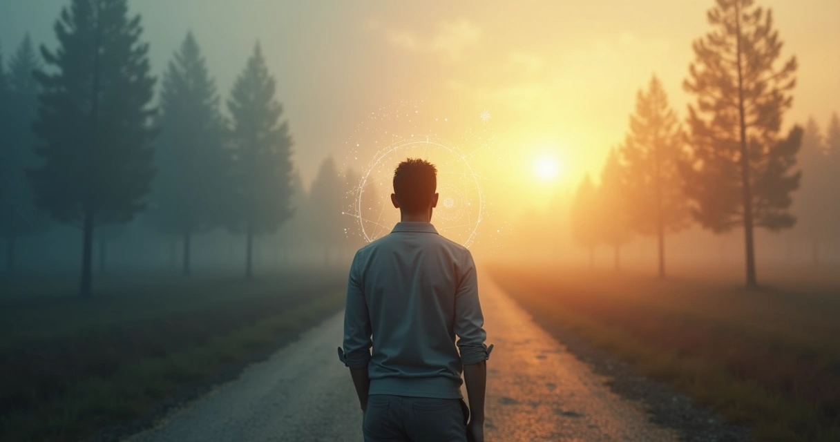 Pessoa em reflexão diante de caminho iluminado simbolizando transformação humana profunda 