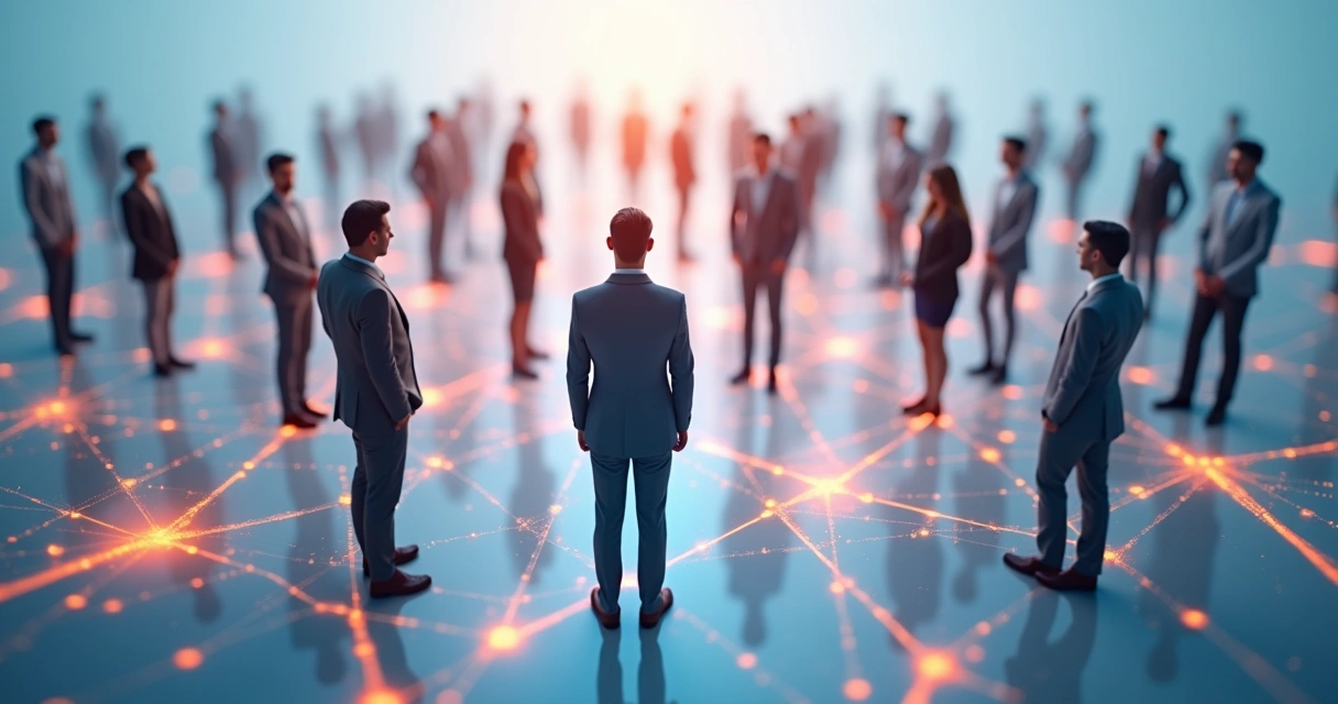 Rede conectando pessoas diversas com linhas coloridas em fundo claro 