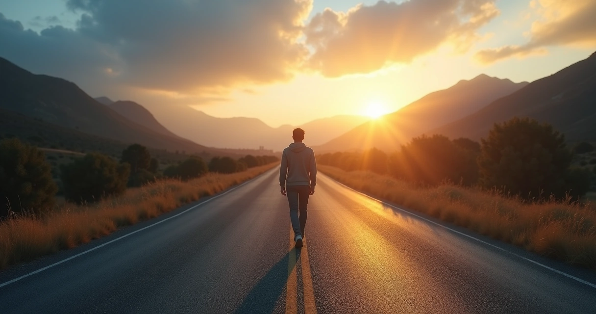 Pessoa caminhando sozinha em estrada longa entre luz e sombra 