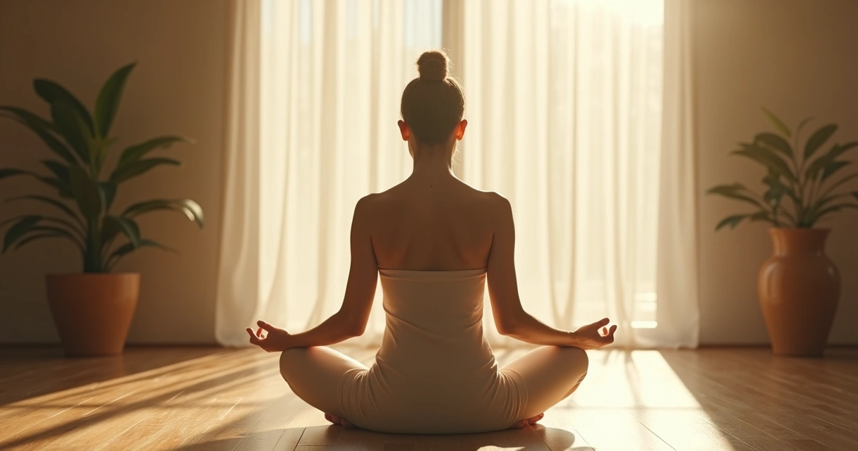 Pessoa meditando sentada sob luz suave, ambiente sereno.