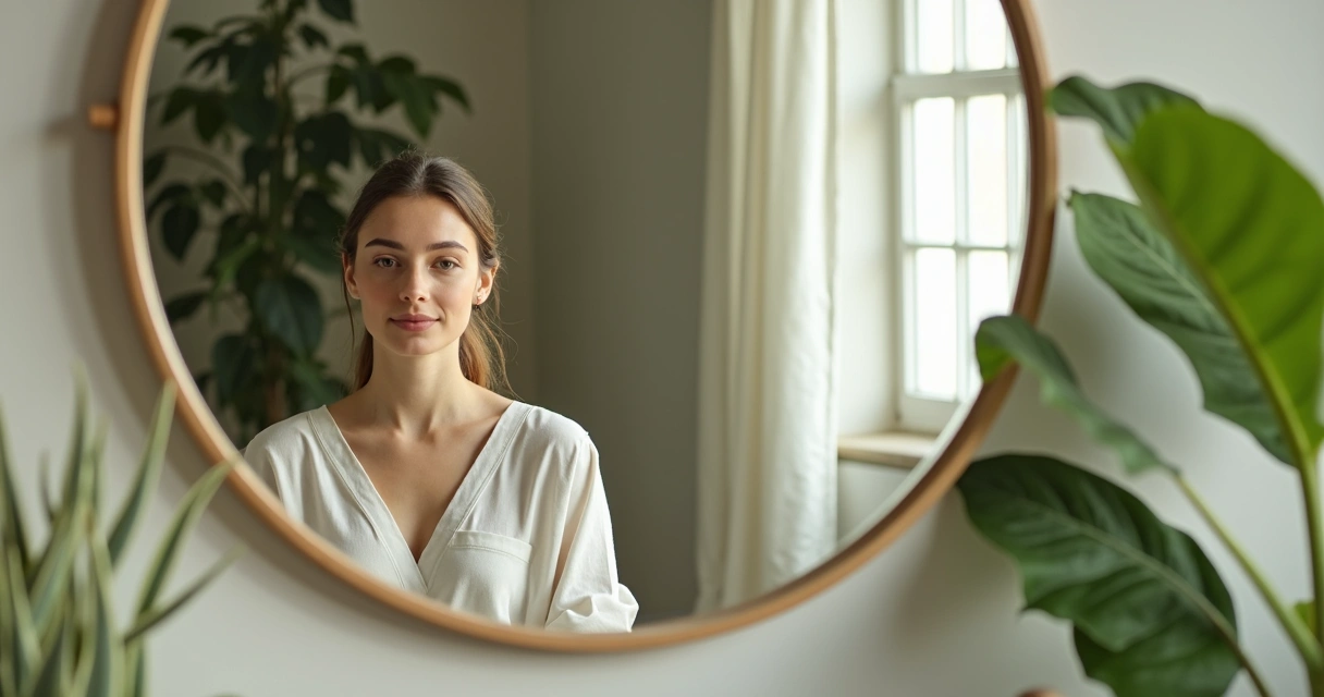 Espelho refletindo uma pessoa com expressão serena e cenário harmônico ao redor 