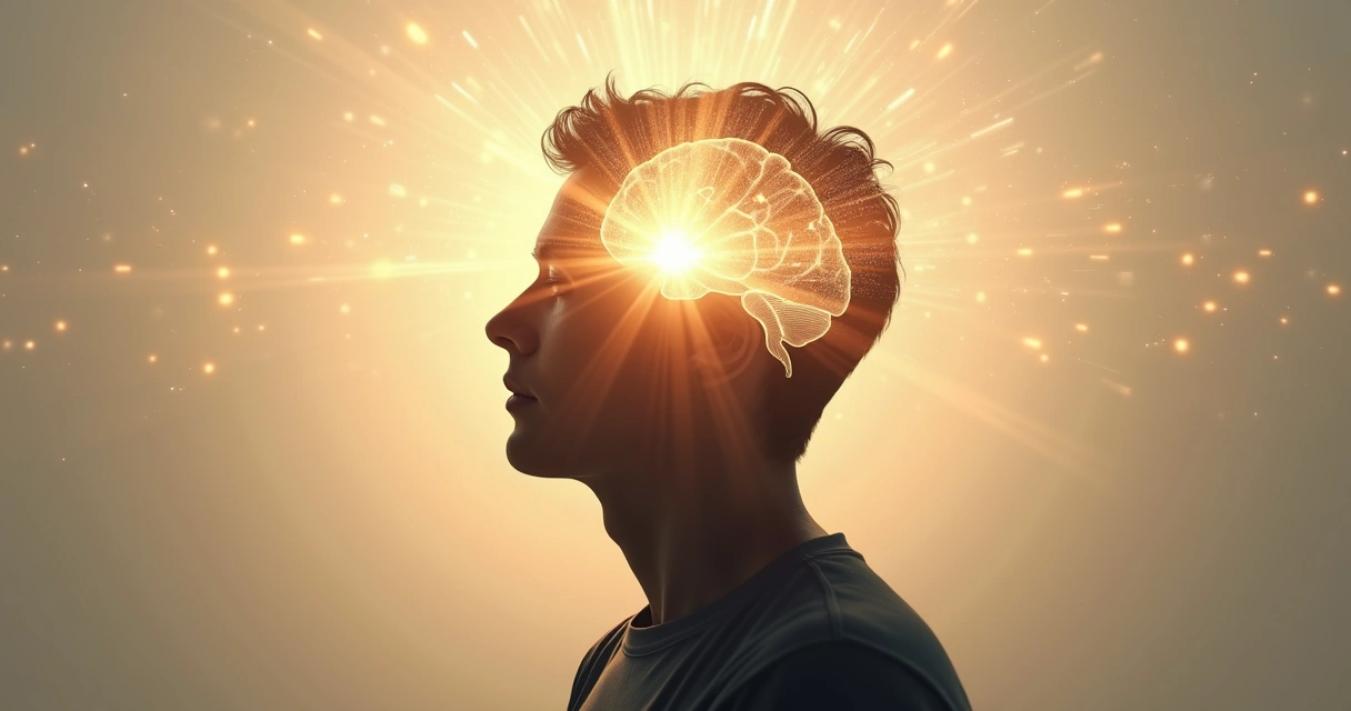 Silhueta de uma pessoa com luz saindo de dentro da cabeça, fundo neutro e efeitos de brilho  