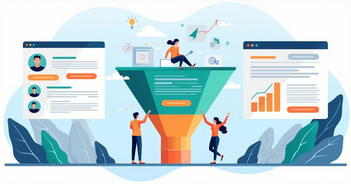 Ilustração de funil mostrando visitante virando lead em landing page