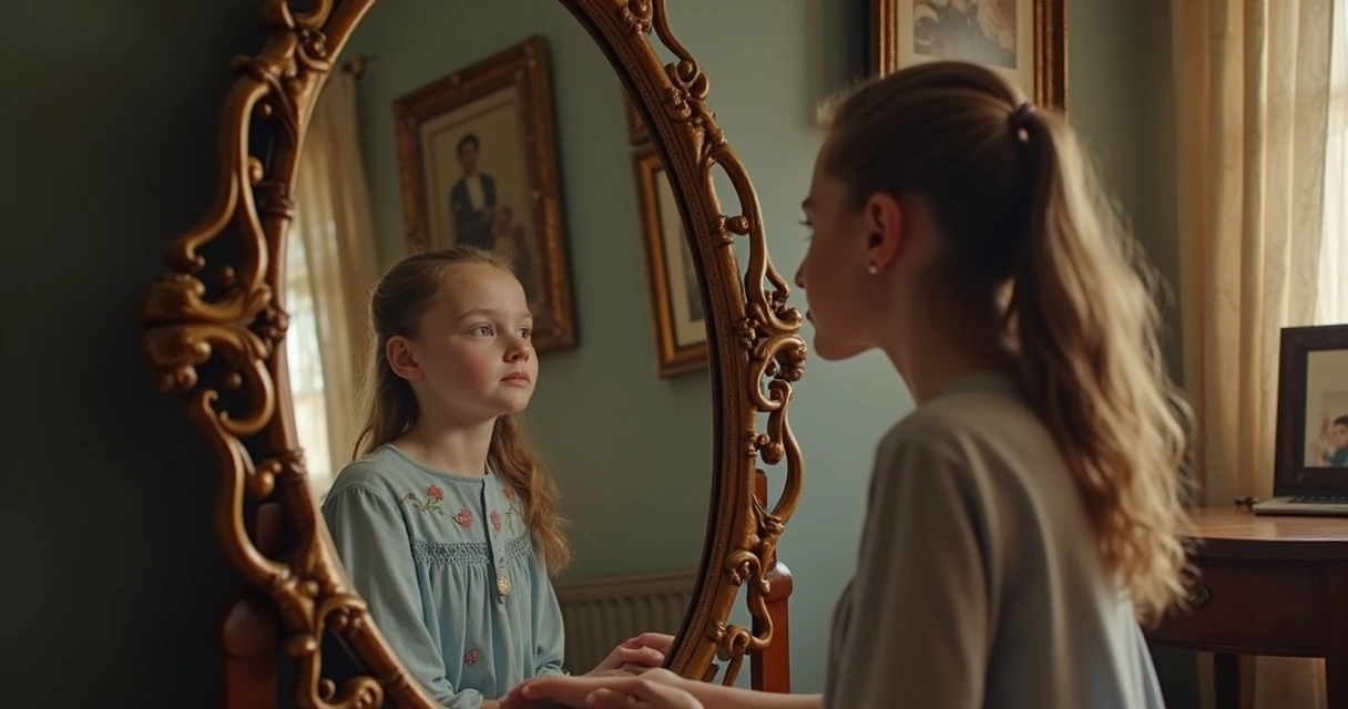 Jovem sentado de frente para um espelho antigo refletindo versões mais jovens e mais velhas de si mesmo