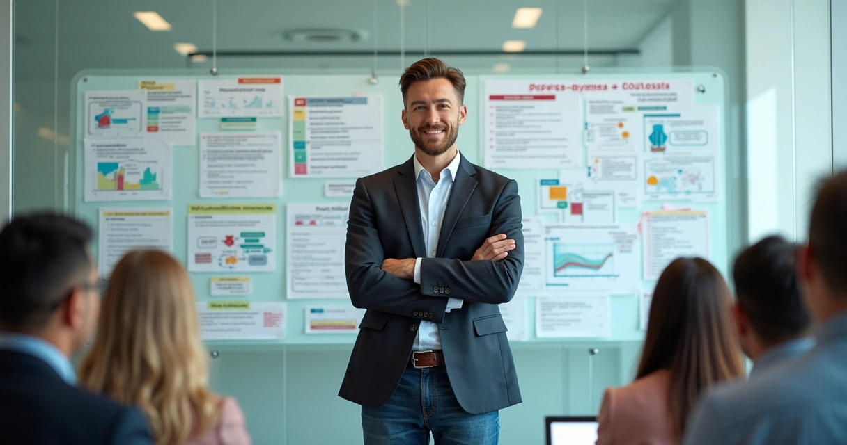Líder moderno diante de equipe diversificada com gráficos no fundo