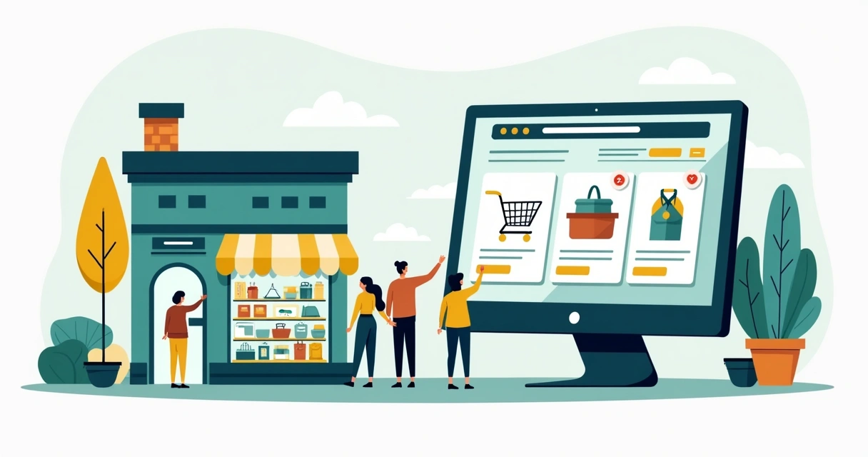 Loja física de rua sendo transformada visualmente em uma loja virtual numa tela de computador