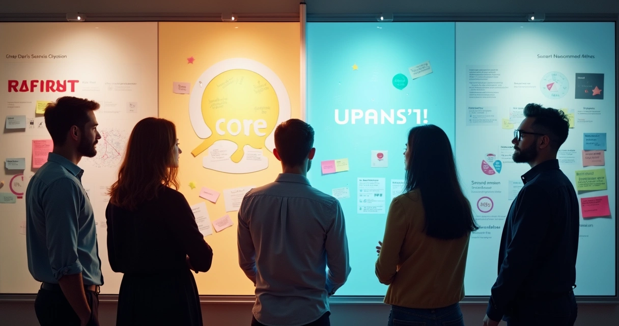 Transformação da marca com equipe unida ao redor de conceito visual 