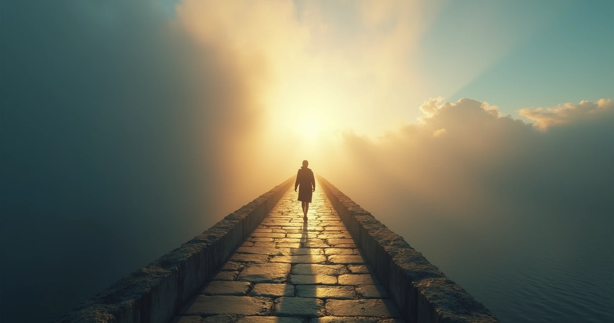 Pessoa atravessando ponte simbólica com paisagem iluminada à frente