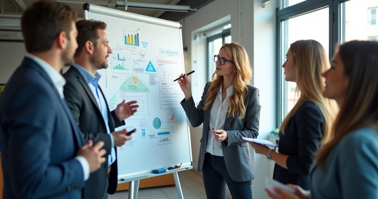 Equipe de empresa reunida com papéis, quadro branco, mostrando participação ativa em mudança 