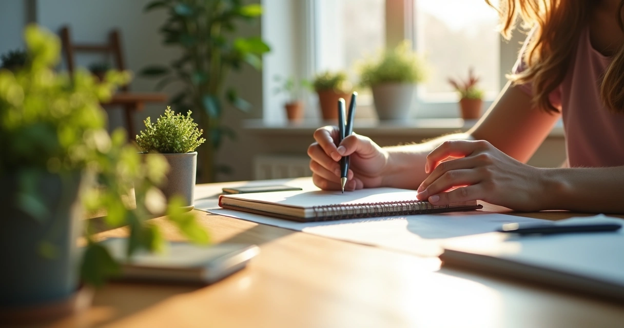 Pessoa reorganizando objetos de uma mesa, criando ambiente favorável à concentração. 