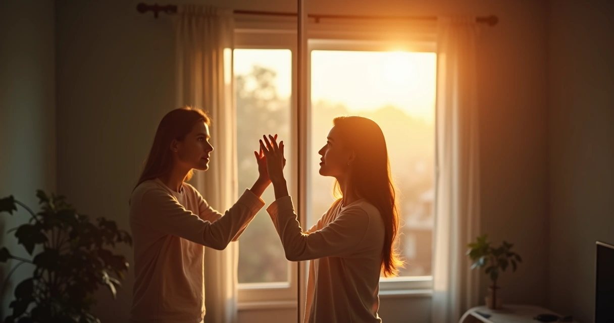 Pessoa em momento de autorreflexão tocando o vidro de uma janela, com reflexo mostrando expressão de superação