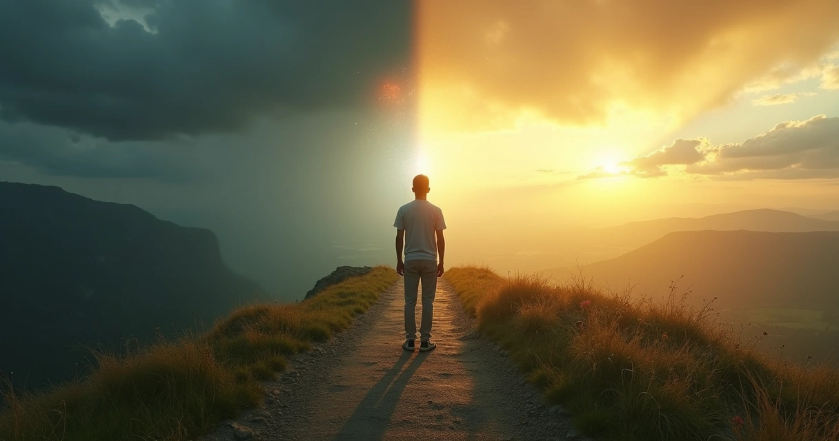 Pessoa em pé diante de paisagem dividida entre tempestade e céu claro simbolizando transformação emocional 