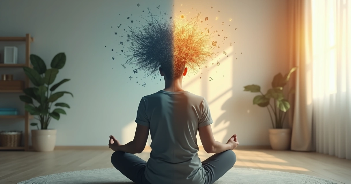 Pessoa em meditação com silhueta dividida entre caos mental e clareza interior 
