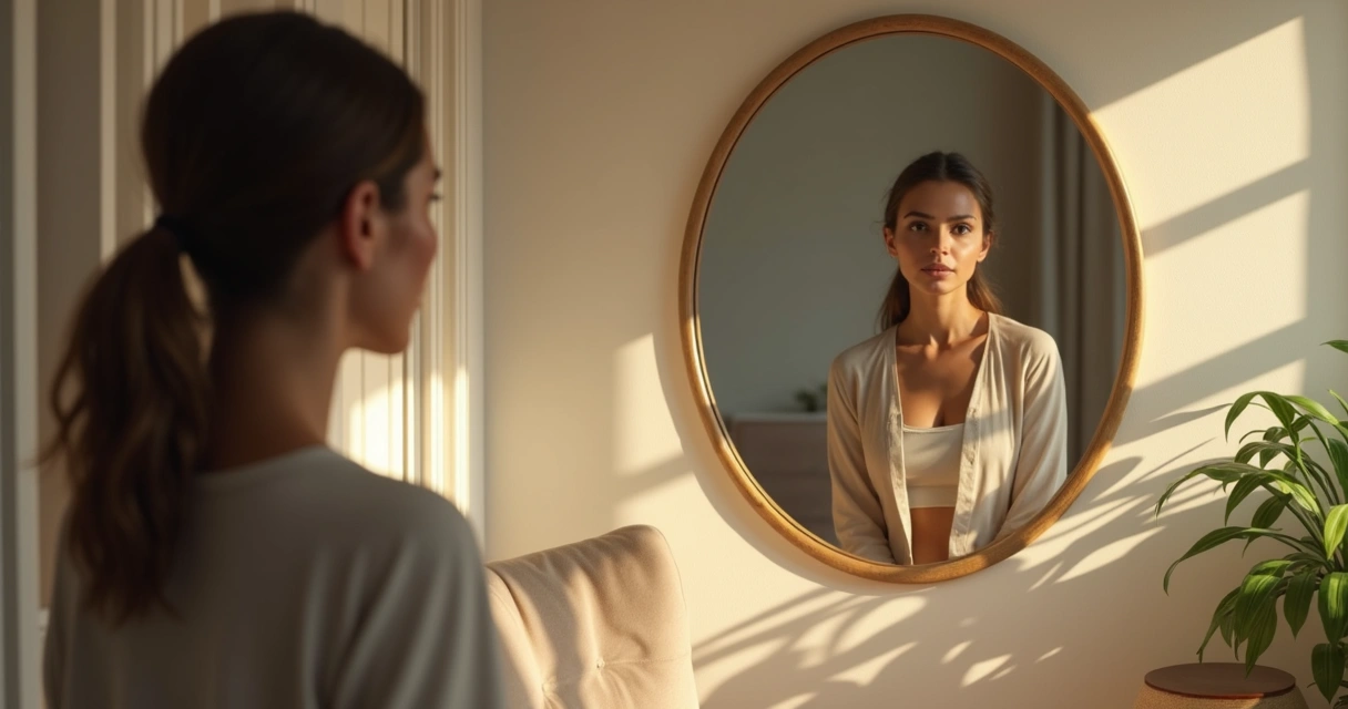 Mulher contemplando espelho com reflexo dividido entre sombra e luz em ambiente sereno 
